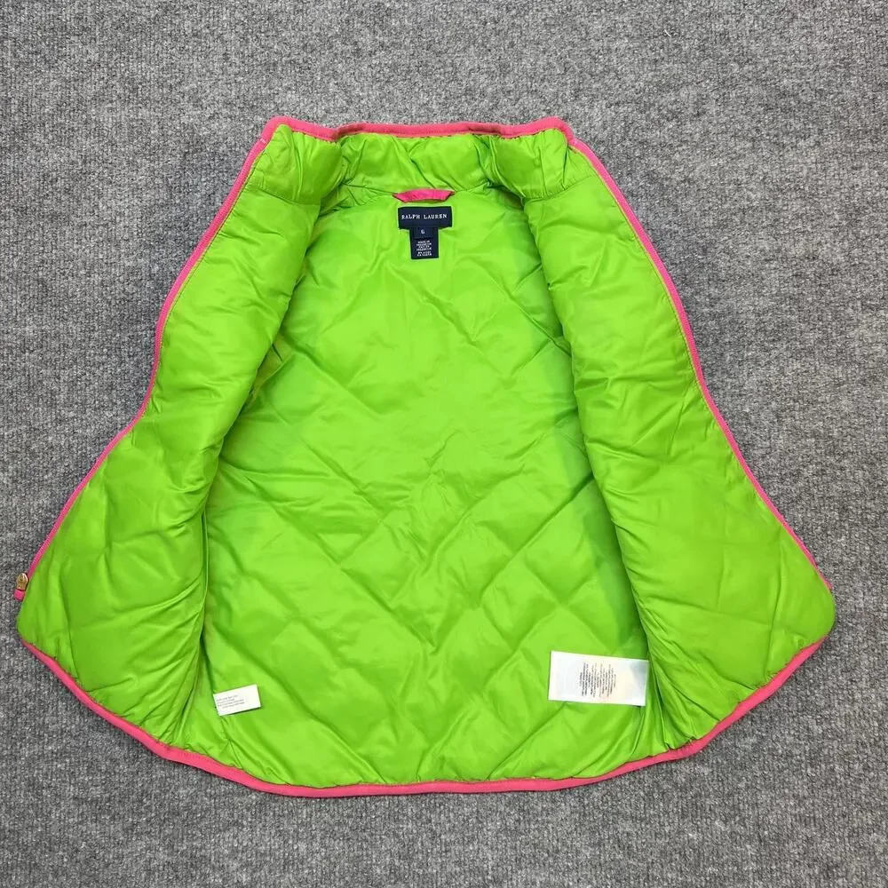 Ralph Lauren Vest Girls 6 Pink Quilted Puffer Down Full Zip Lined Winter